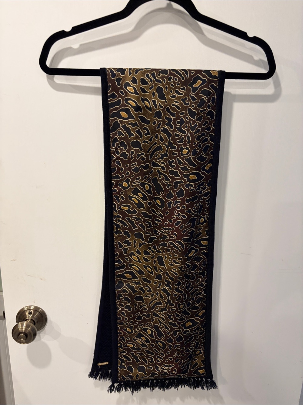 Tory Burch Black Fringe Reversible Scarf with Leopard Accent